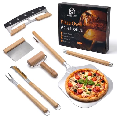 Outdoor Pizza Oven Accessories Kit, 6 Peices Pizza Set for Adults Includes Round Pizza Peeler, Oven Brush, Bubble Popper Turner, Rocker Cutter, Dough Roller & Scraper