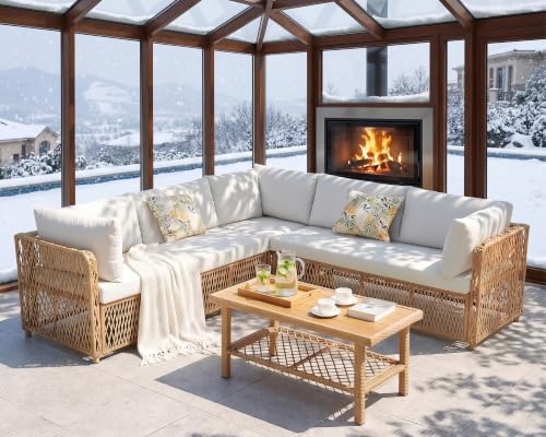 ABCASA Patio Sectional Furniture Set with Waterproof Cover, Oversized Wicker Outdoor Furniture Set w/Water-Resistant Fabric & Thick Cushions, L Shaped Patio Conversation Set for Poolside Yard,Beige