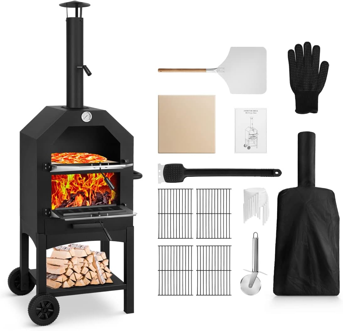 EDOSTORY Outdoor Pizza Oven, Wood Fired for Outside, Patio Maker With Stone, Peel, Grill Rack, and Waterproof Cover for Ba...