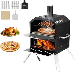 PIZZELLO Pizzello Outdoor Pizza Oven 16'' Large Wood Fired 2-Layer Pizza Ovens with Pizza 