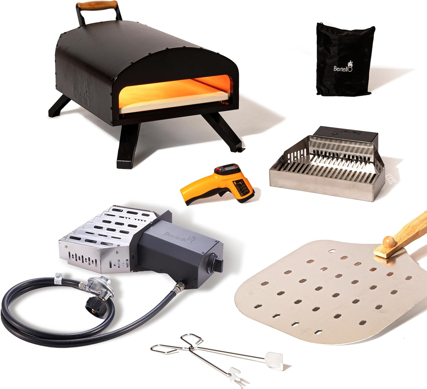 Bertello SimulFIRE Outdoor Pizza Oven Bundle - Wood Fire Portable 12 inch Brick Oven with Gas Burner, Peel, Wood Tray, Cov...