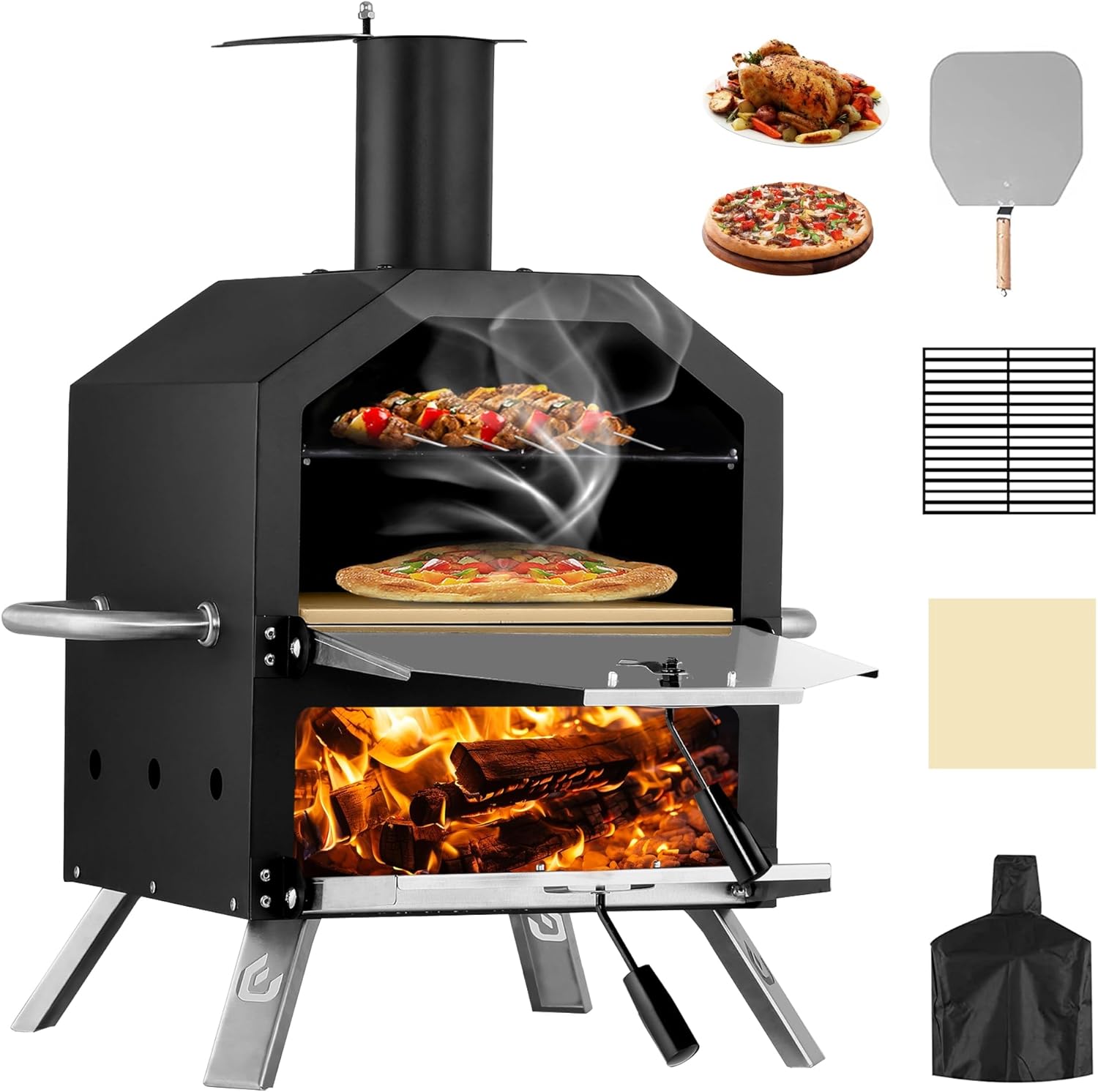 PIZZELLO Outdoor Wood Fired Pizza Maker 2-Layer with Pizza Stone, Peel & Rack - Waterproof Cover & Folding Legs for Campin...